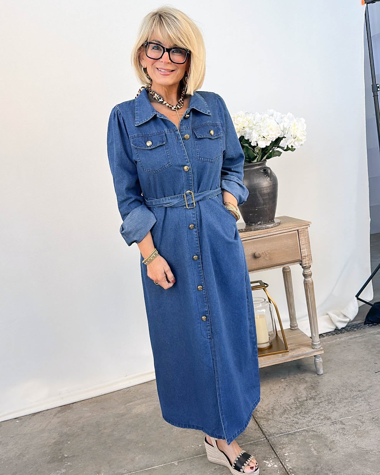 Uptown Girl Printed Denim Midi Shirt Dress