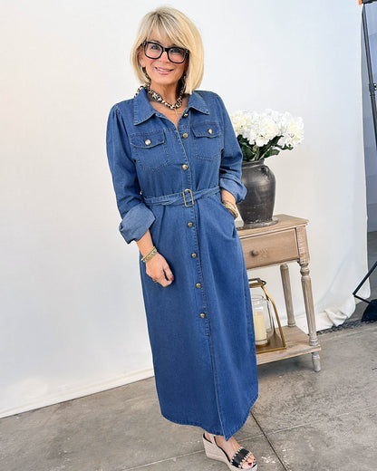 Uptown Girl Printed Denim Midi Shirt Dress