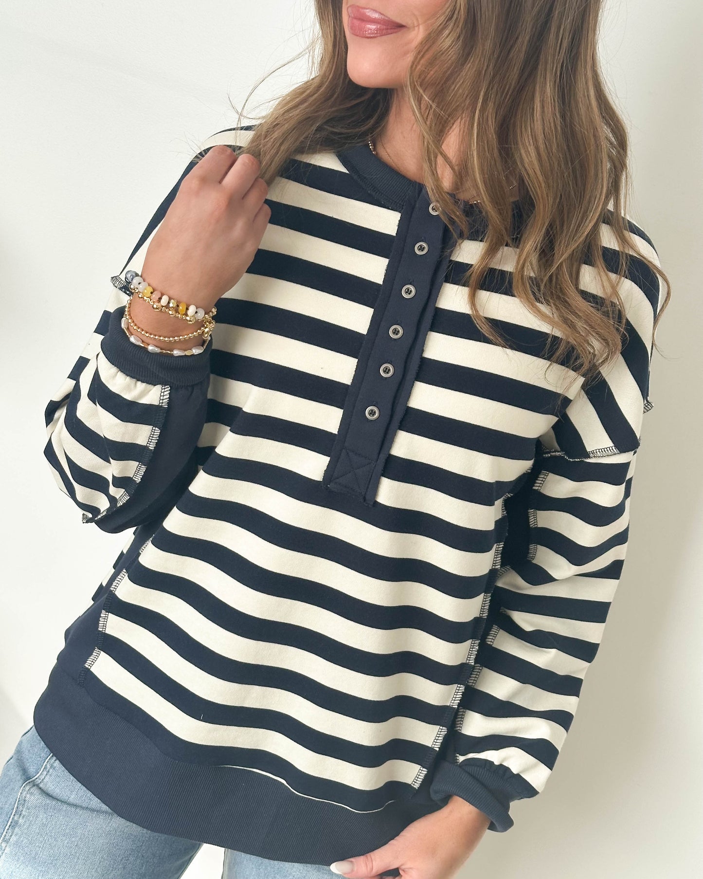 Lennie Oversized Striped Henley Pullover