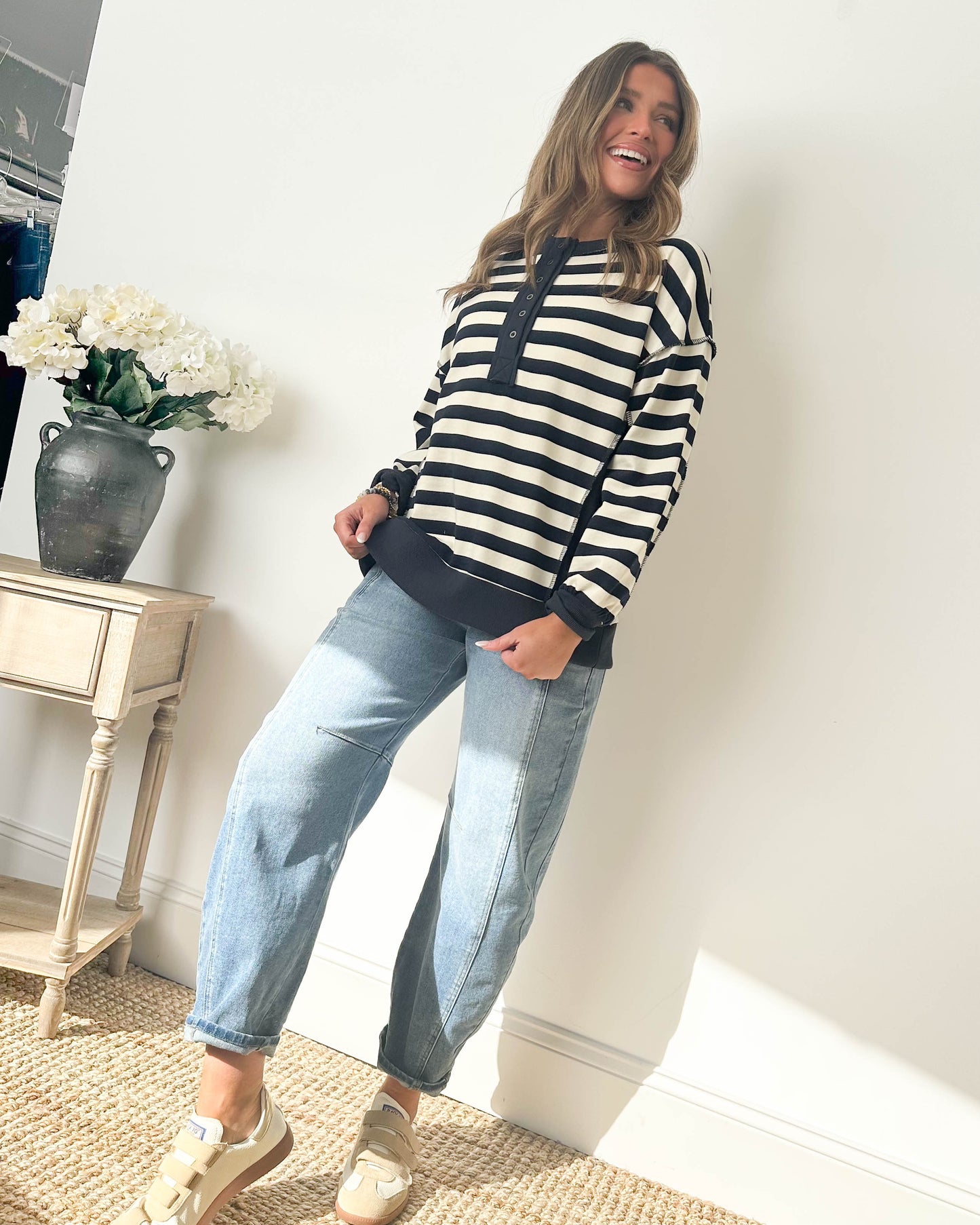 Lennie Oversized Striped Henley Pullover