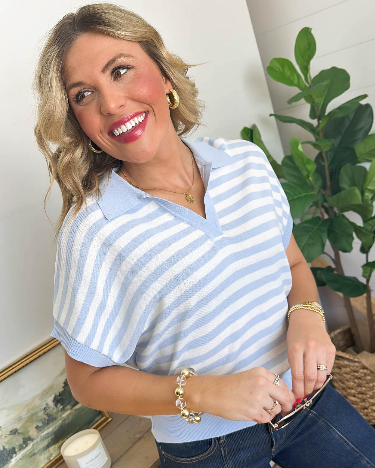 Board Walk Striped Dolman Polo Top