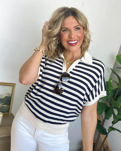Board Walk Striped Dolman Polo Top