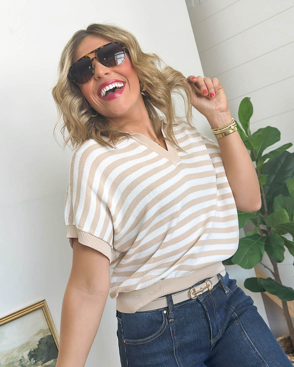 Board Walk Striped Dolman Polo Top