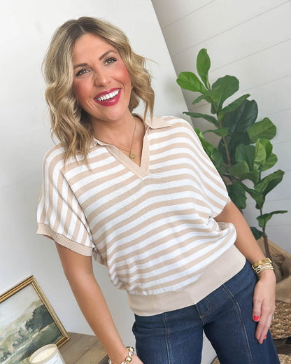 Board Walk Striped Dolman Polo Top