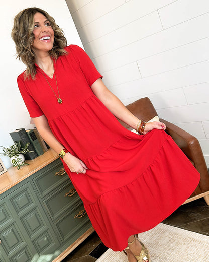 The Adelynn Tiered Frill Neck Midi Dress