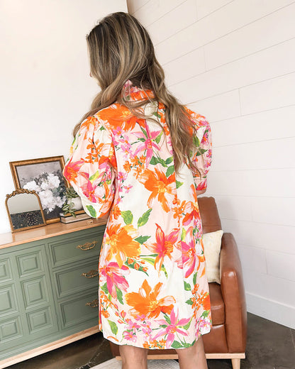 Tropical Sunrise Floral Ruffle Neck Shirt Dress