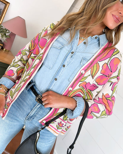 Meadow Mood Floral Border Sweater Cardigan