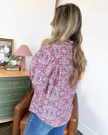 All In Romance Abstract Motif Ruffle Neck Shirt