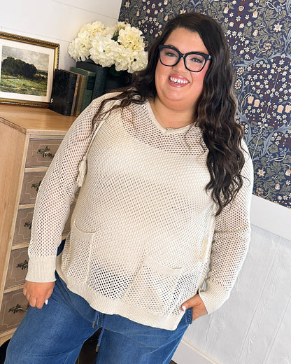 Breakwater Open Knit Tassel Tie Hooded Top