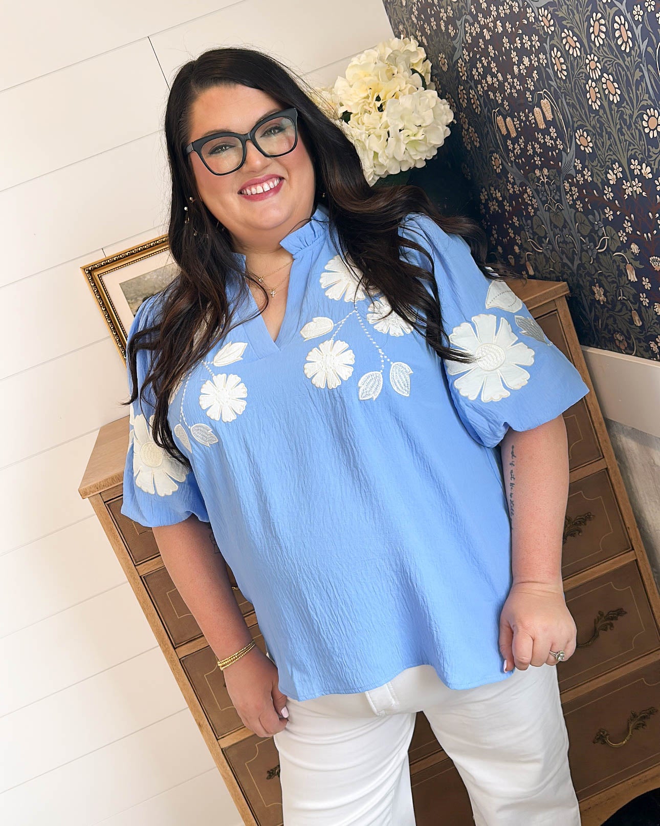 Songbird Floral Applique Frill Neck Blouse