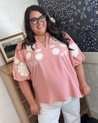 Songbird Floral Applique Frill Neck Blouse