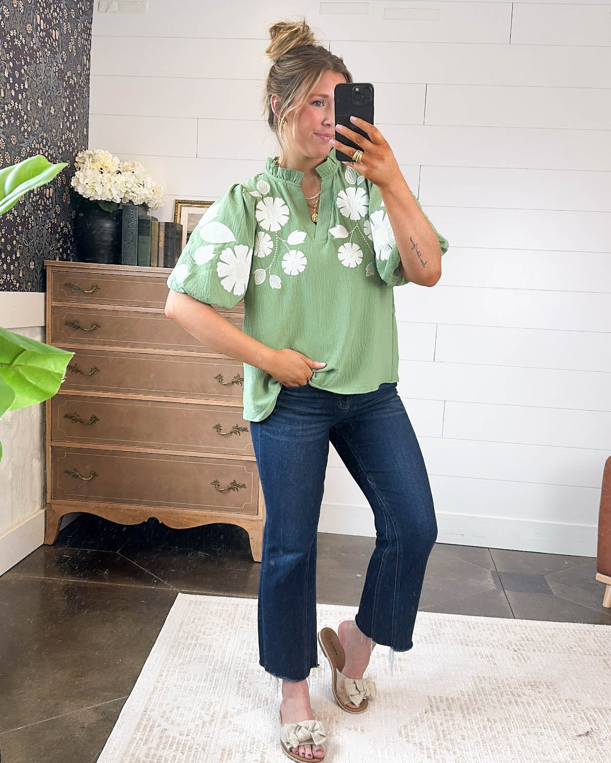 Songbird Floral Applique Frill Neck Blouse