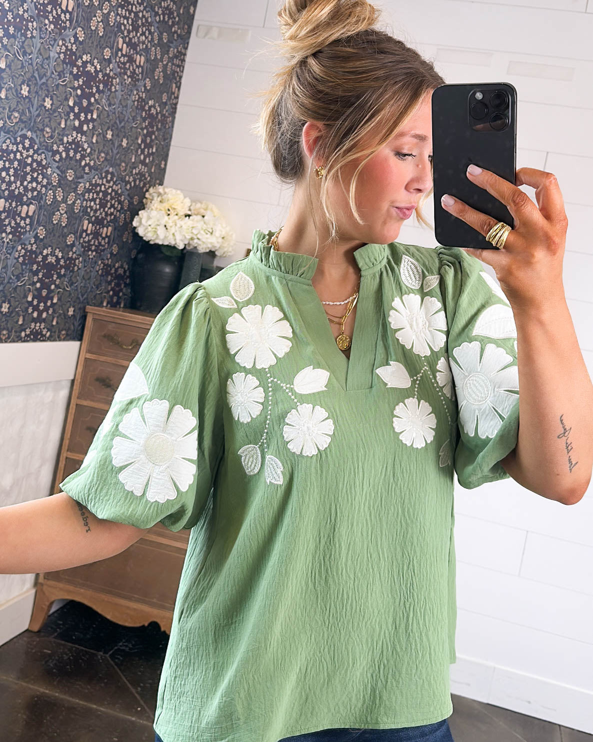 Songbird Floral Applique Frill Neck Blouse