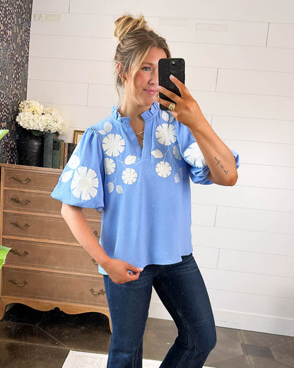 Songbird Floral Applique Frill Neck Blouse