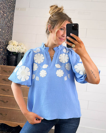 Songbird Floral Applique Frill Neck Blouse