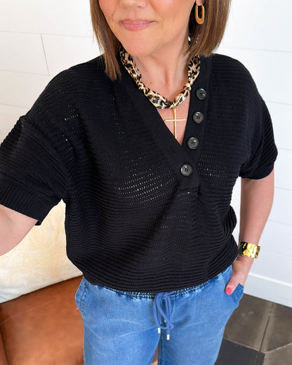 Sitting Dockside Open Knit Henley Sweater