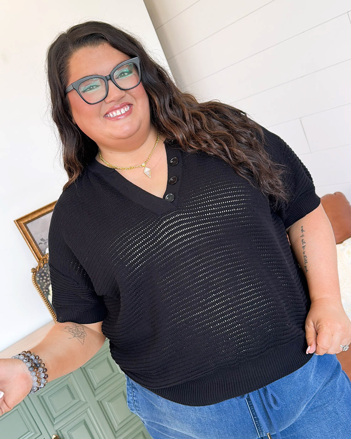 Sitting Dockside Open Knit Henley Sweater