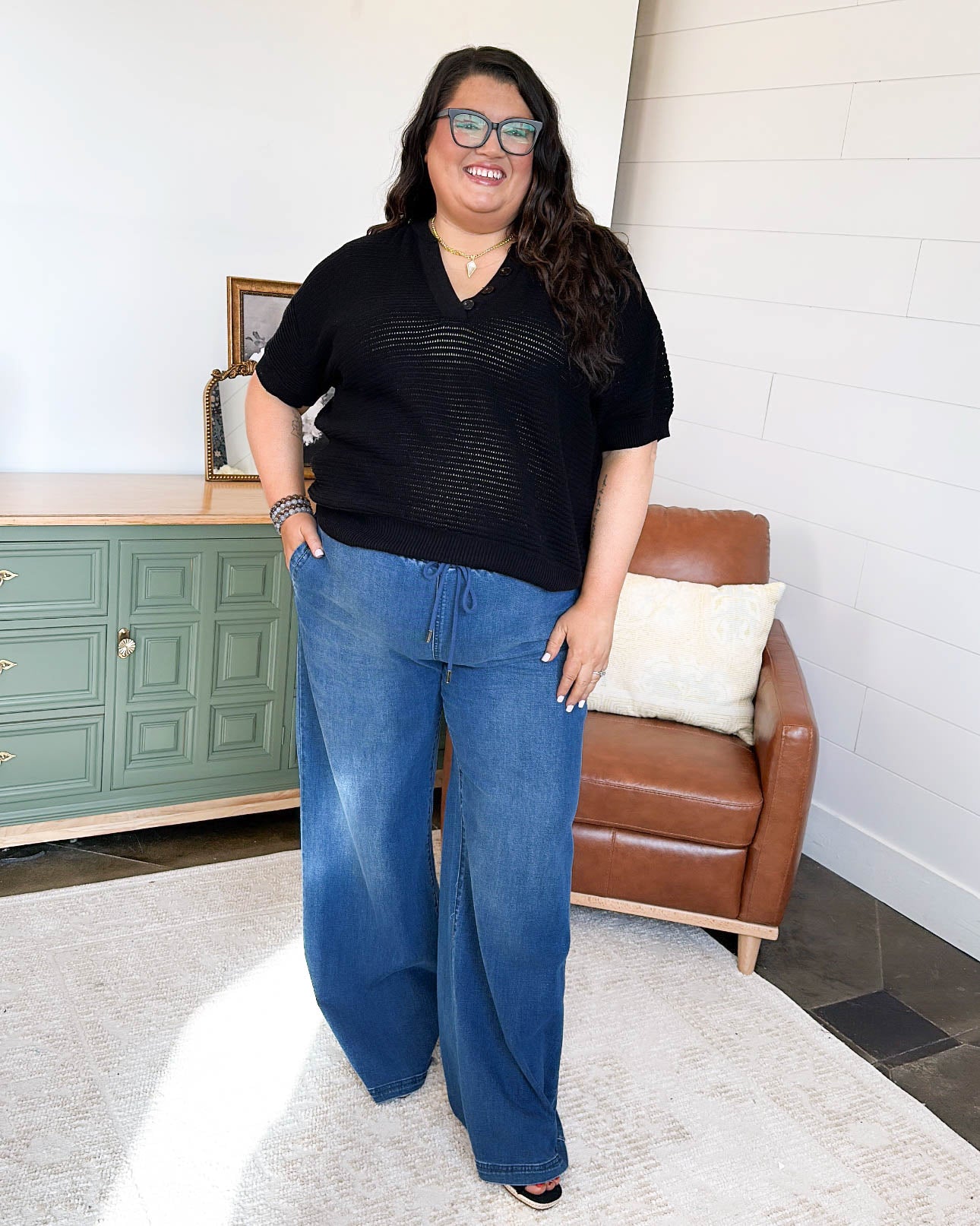 Sitting Dockside Open Knit Henley Sweater