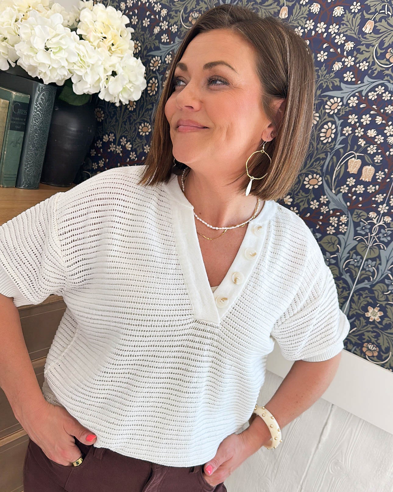 Sitting Dockside Open Knit Henley Sweater