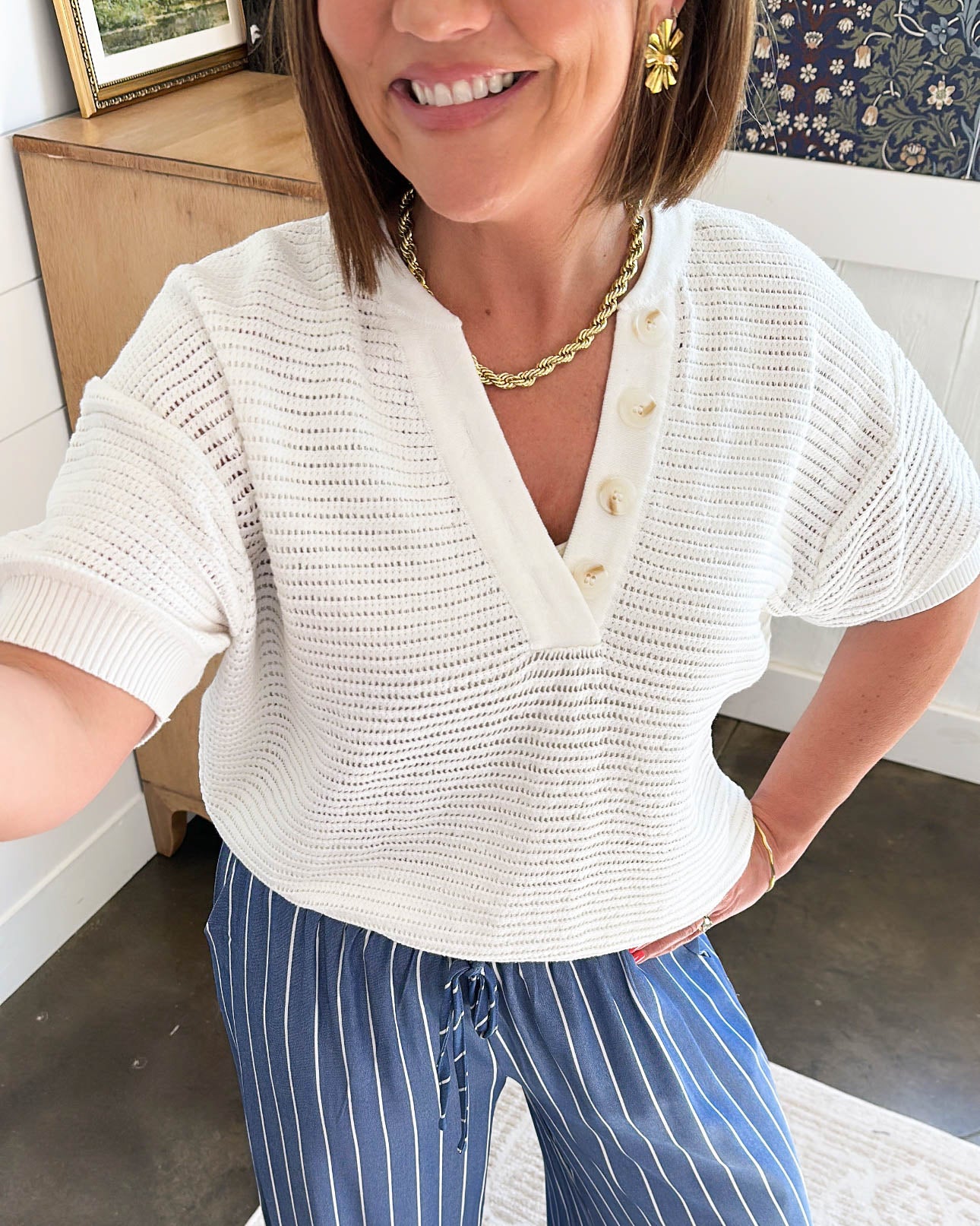 Sitting Dockside Open Knit Henley Sweater