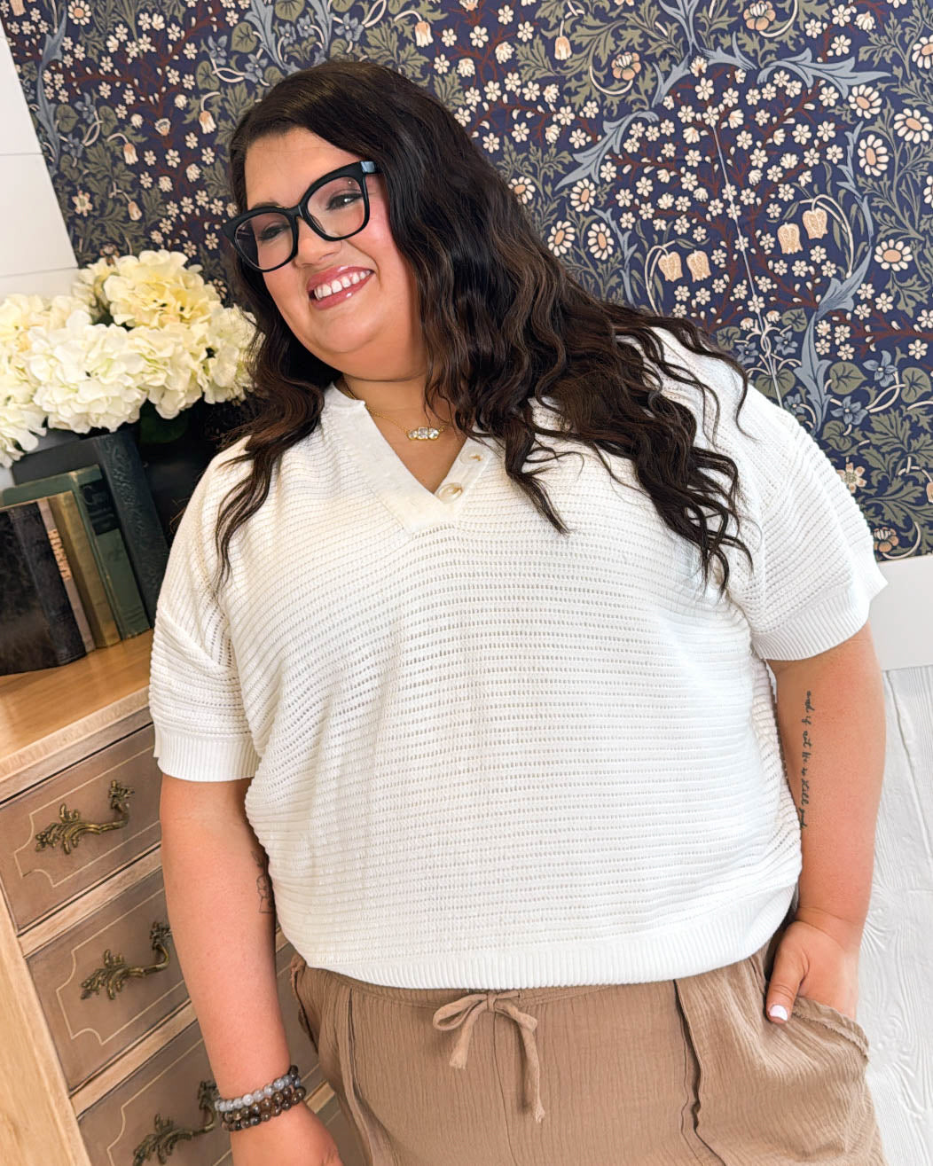 Sitting Dockside Open Knit Henley Sweater