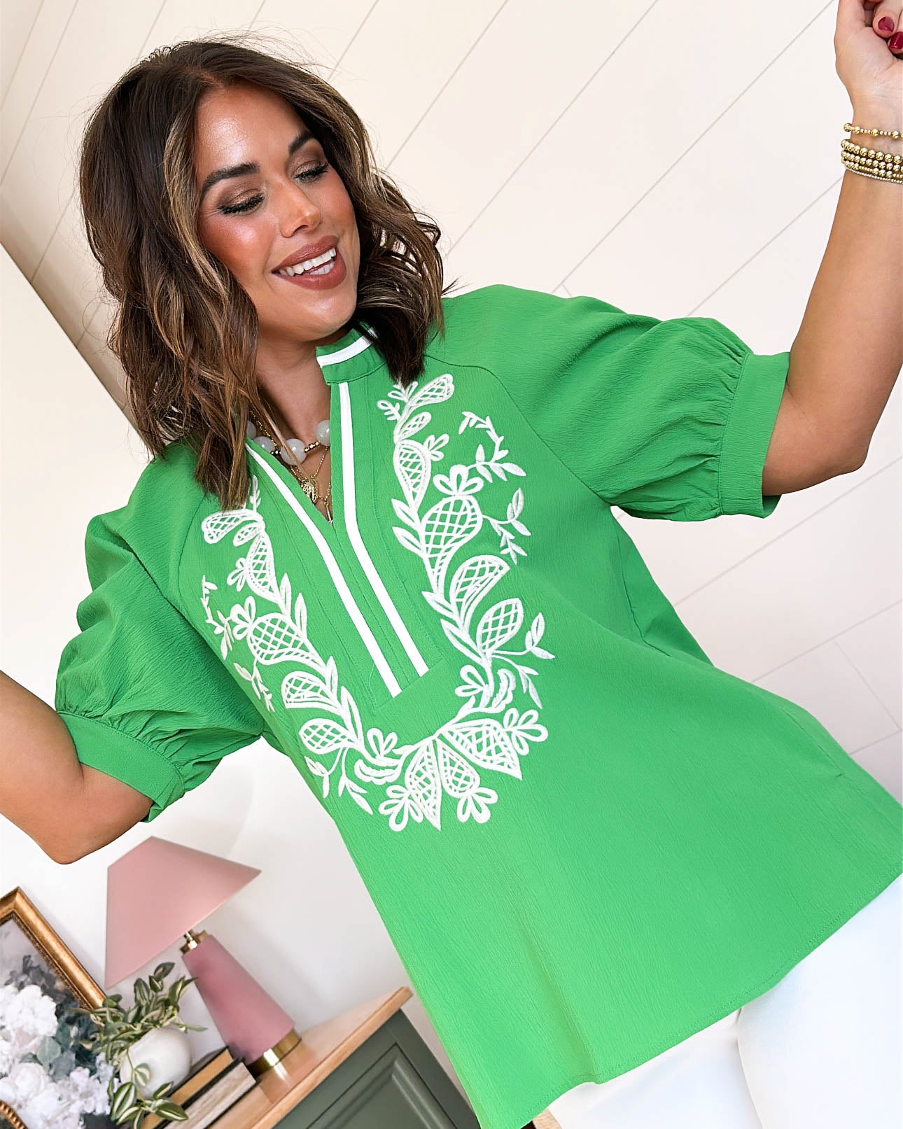 Love Song Embroidered Puff Sleeve Top