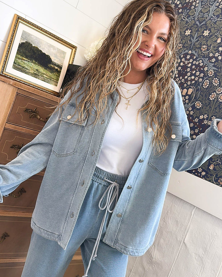 Traveled So Far French Terry Denim Shacket