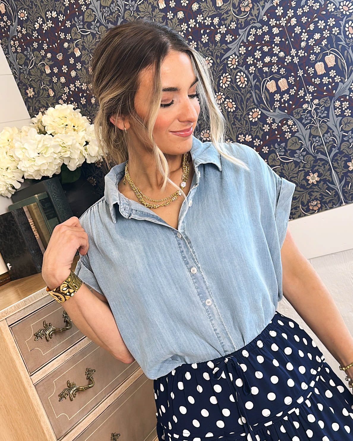 Out Of The Blue Chambray Cap Sleeve Shirt