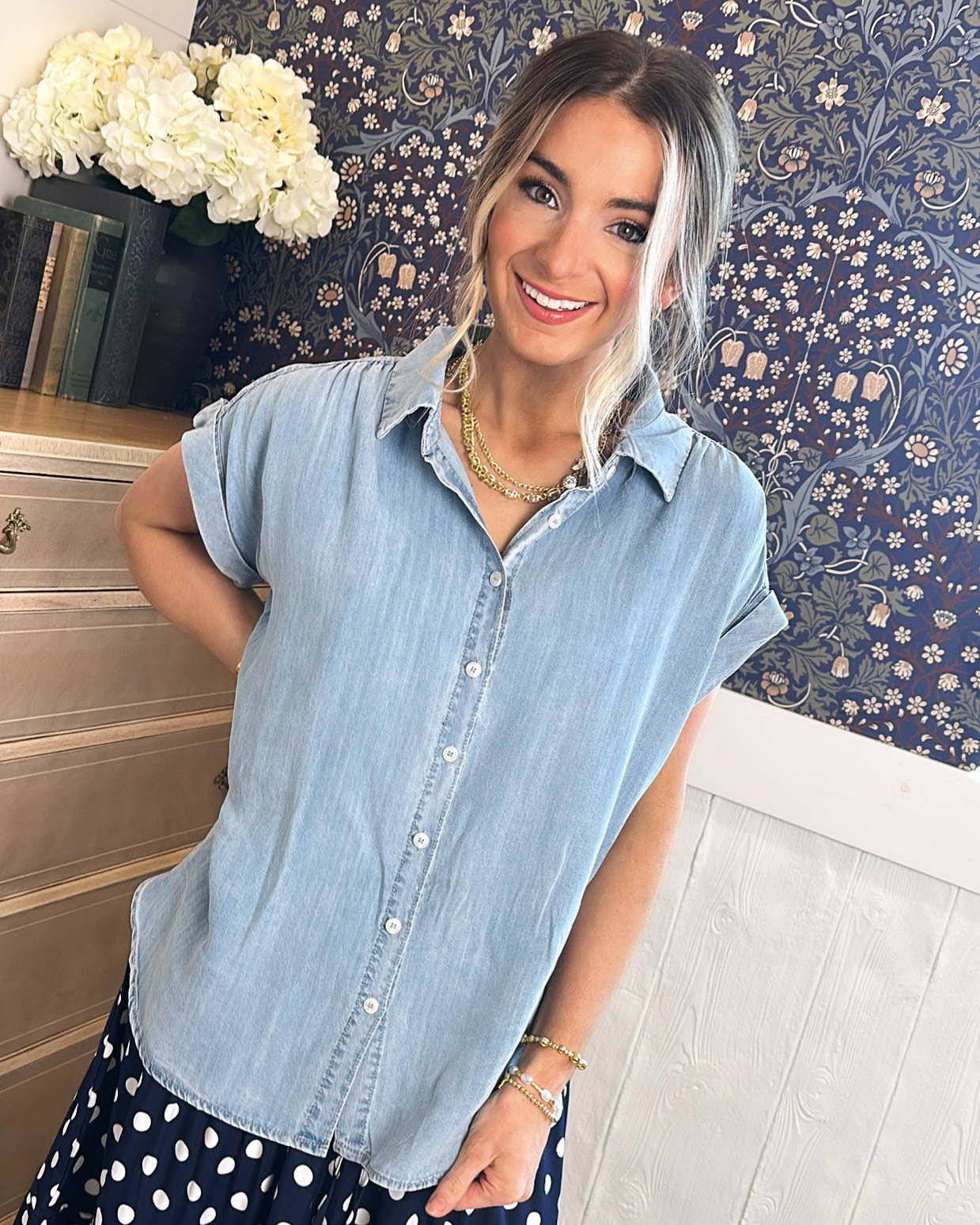 Out Of The Blue Chambray Cap Sleeve Shirt