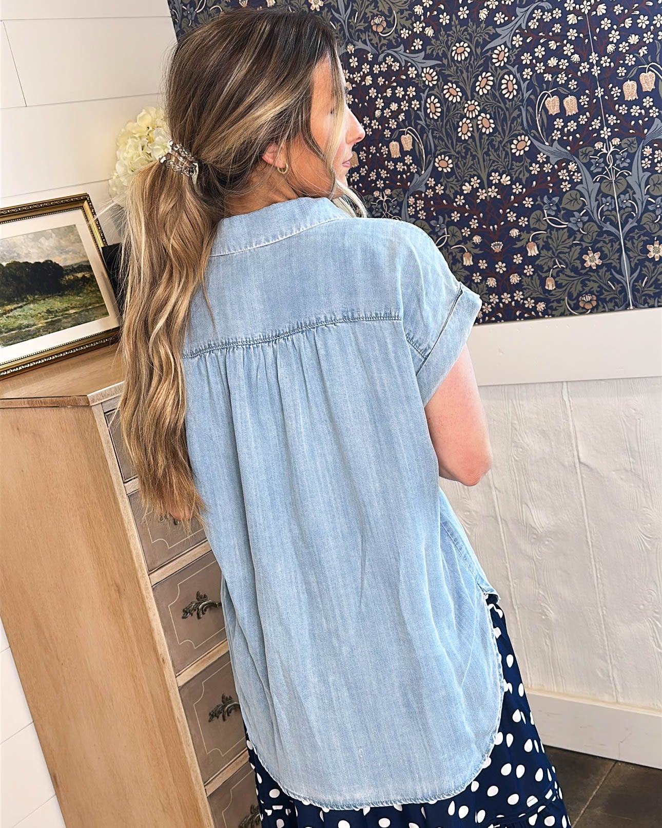 Out Of The Blue Chambray Cap Sleeve Shirt