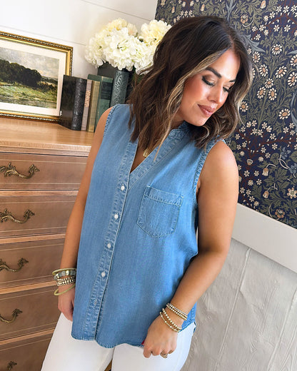 Touch Of Grace Chambray Sleeveless Ruffle Neck Shirt