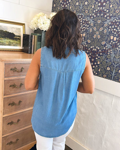 Touch Of Grace Chambray Sleeveless Ruffle Neck Shirt