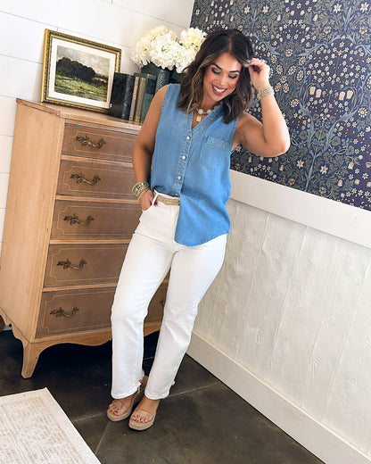 Touch Of Grace Chambray Sleeveless Ruffle Neck Shirt