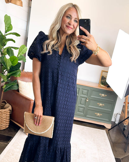 Antigua Bay Lined Eyelet Ruffle Hem Midi Dress