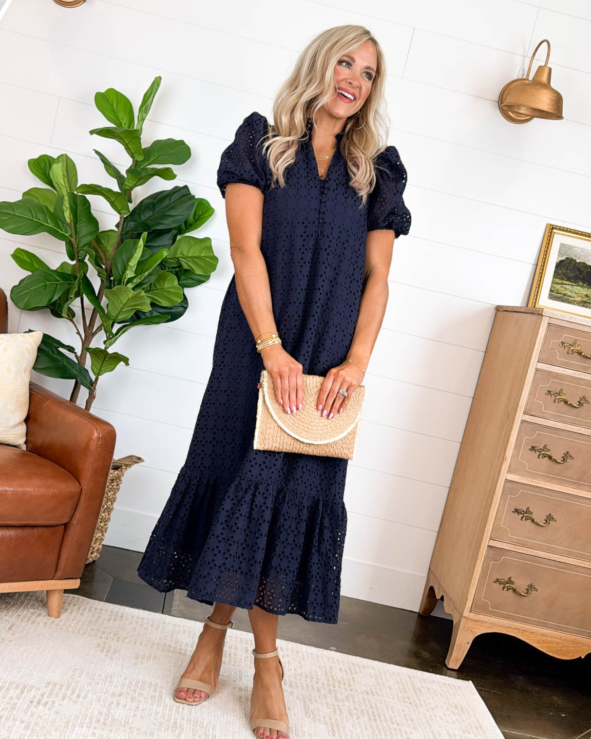 navy eyelet midi dress Antigua Bay Lined Eyelet Ruffle Hem Midi Dress
