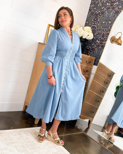 Laurel Jane Smocked Waist Denim Midi Dress