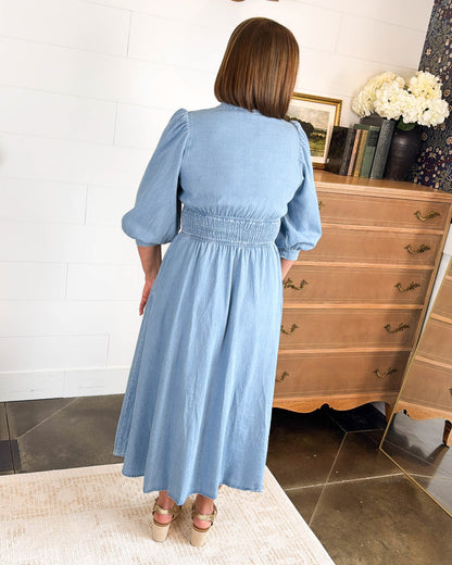 Laurel Jane Smocked Waist Denim Midi Dress