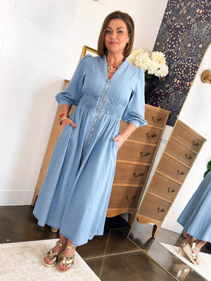 Laurel Jane Smocked Waist Denim Midi Dress