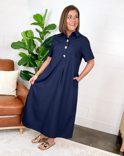 Brunch To Lunch Gold Button Midi Dress