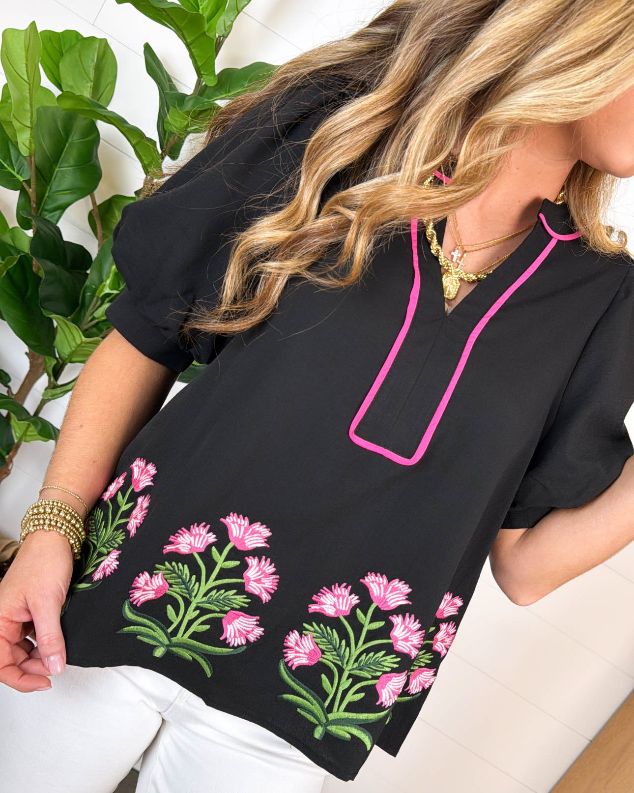 Hand Gathered Floral Embroidered Top