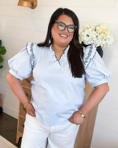 Willow Embroidered Ruffle Detail Top