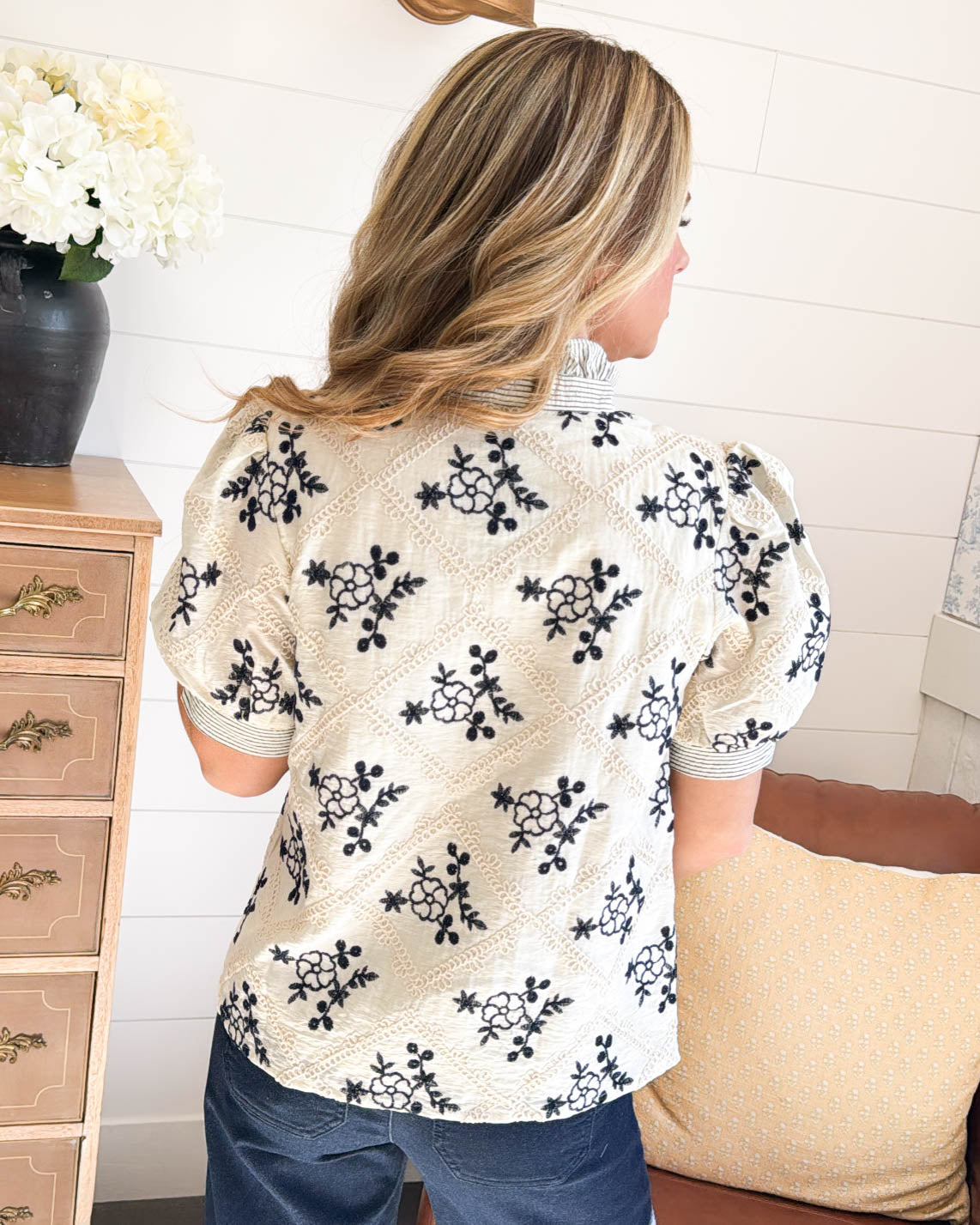 Garden Getaway Embroidered Contrast Trim Top