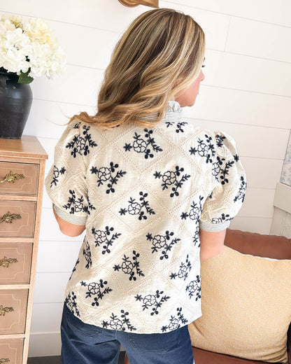 Garden Getaway Embroidered Contrast Trim Top
