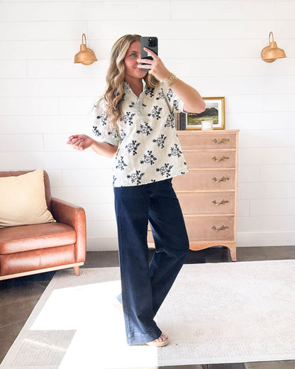 Garden Getaway Embroidered Contrast Trim Top