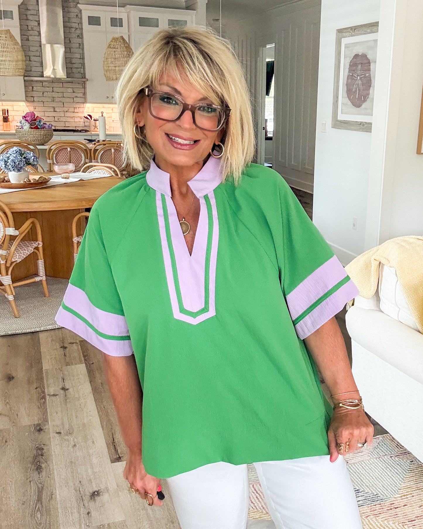 Second Look Contrast Trim Stand Collar Top