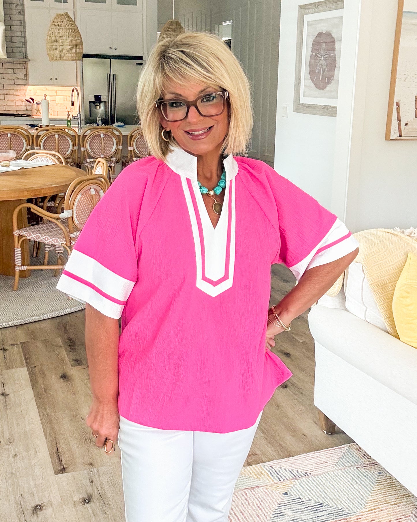 Second Look Contrast Trim Stand Collar Top