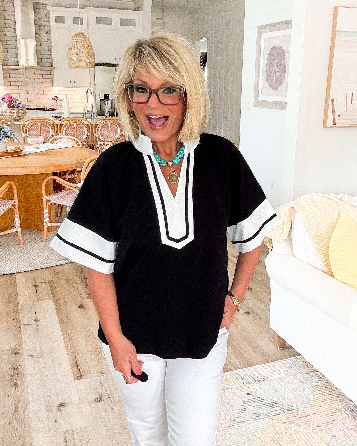 Second Look Contrast Trim Stand Collar Top