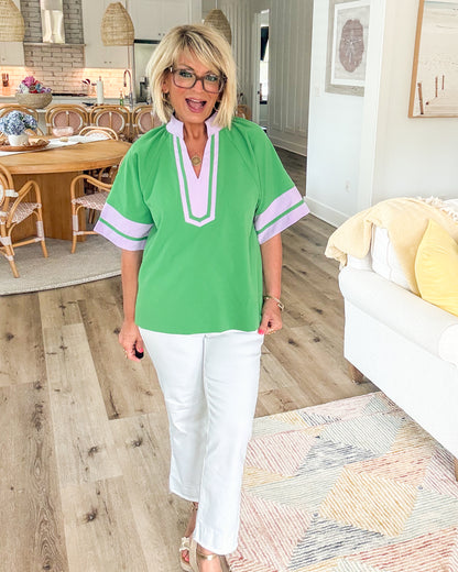 Second Look Contrast Trim Stand Collar Top