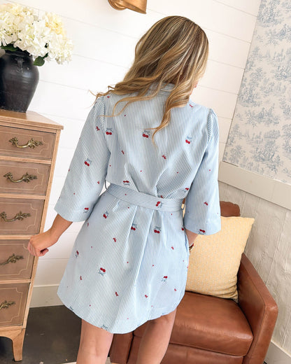 Orchard Edition Striped Cherry Embroidered Shirt Dress