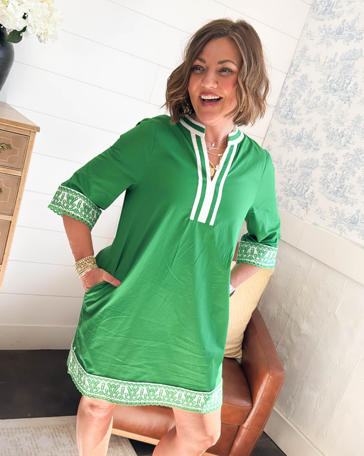 Sarasota Embroidered Border Shift Dress, Kelly Green / Large Sarasota Embroidered Border Shift Dress, Kelly Green / Large